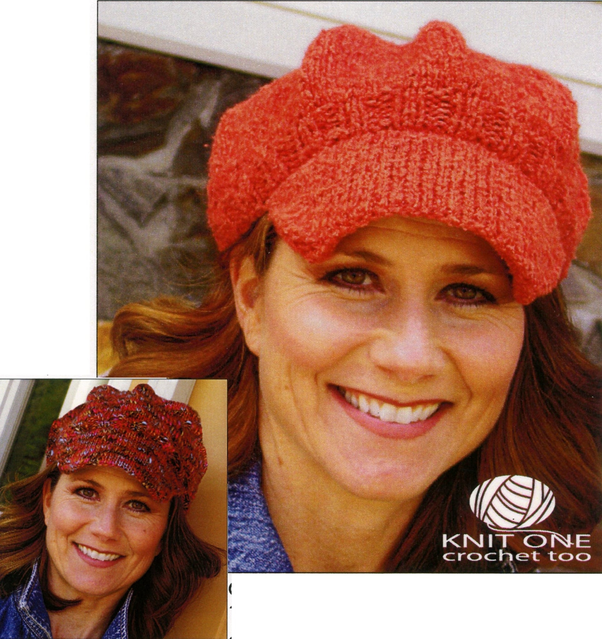 A woman with long, auburn hair is smiling and wearing the Newsie Cap from Knit One, Crochet Too in red worsted weight yarn. In the bottom left corner, there is a smaller image of the same woman wearing a different color version of the same cap. The logo "Knit One Crochet Too" is displayed at the bottom right.