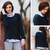 Collage of a young woman modeling the Kelbourne Woolens Hawkes Pullover, a dark blue knitted sweater crafted with DK weight yarn, over a light blue collared shirt. She is depicted in three views: front-facing while tucking hair behind her ear, a side profile looking down, and rear view showing the twin rib pattern on the back.