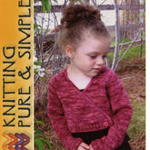 A young girl with curly hair and a pinkish-maroon Bryson Distributing, Inc. Girl's Ballet Cardigan stands outdoors near a bare tree. The left side of the image has a vertical yellow banner with the text "KNITTING PURE & SIMPLE," featuring a small yarn graphic at the bottom. This practical design is perfect for kids' sizes and works well as a ballet cardigan.