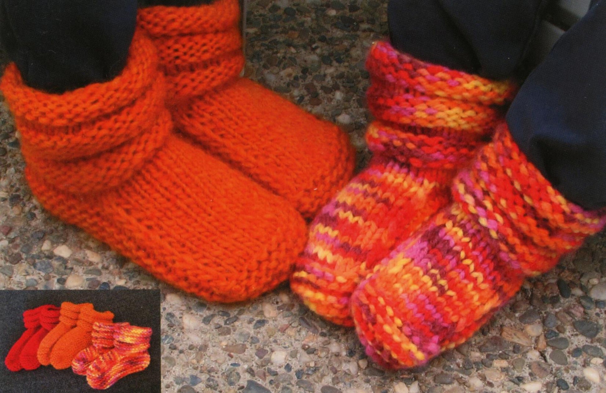 Two pairs of feet wearing Bryson Distributing, Inc.'s Children's Mukluk Slippers. The slippers on the left are solid orange, while those on the right are multicolored with shades of orange, red, and yellow. In the lower-left corner is an inset image showing additional Children's Mukluk Slippers in various colors.