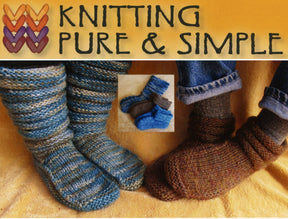 A knitting pattern cover showcases two pairs of feet wearing warm winter footwear in hand-knitted socks, featuring shades of blue and brown. Above the feet, it reads "Bryson Distributing, Inc." with a heart-shaped yarn design. A smaller image in the center displays three more pairs of knitted socks, perfect for Adult Mukluk Slippers or adding suede soles.