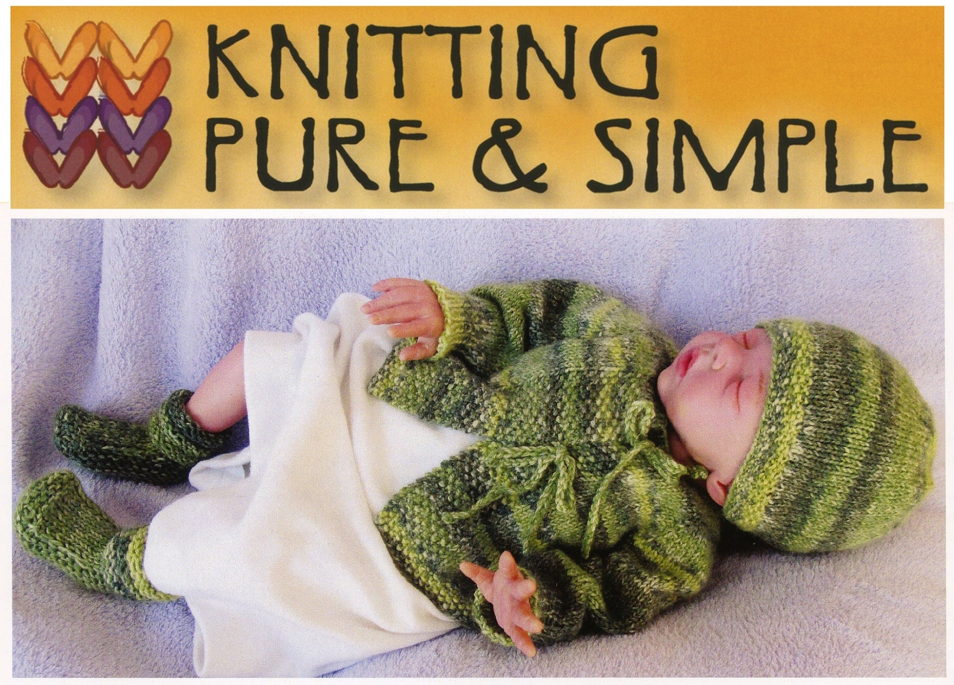 A sleeping baby is dressed in matching green knit booties, a newborn cardigan, and a cozy hat from the Newborn Layette collection by Bryson Distributing, Inc., all crafted from fingering weight yarn. They lie on a soft white blanket. Above the baby, the text "Knitting Pure & Simple" is displayed with a colorful knitting pattern design.