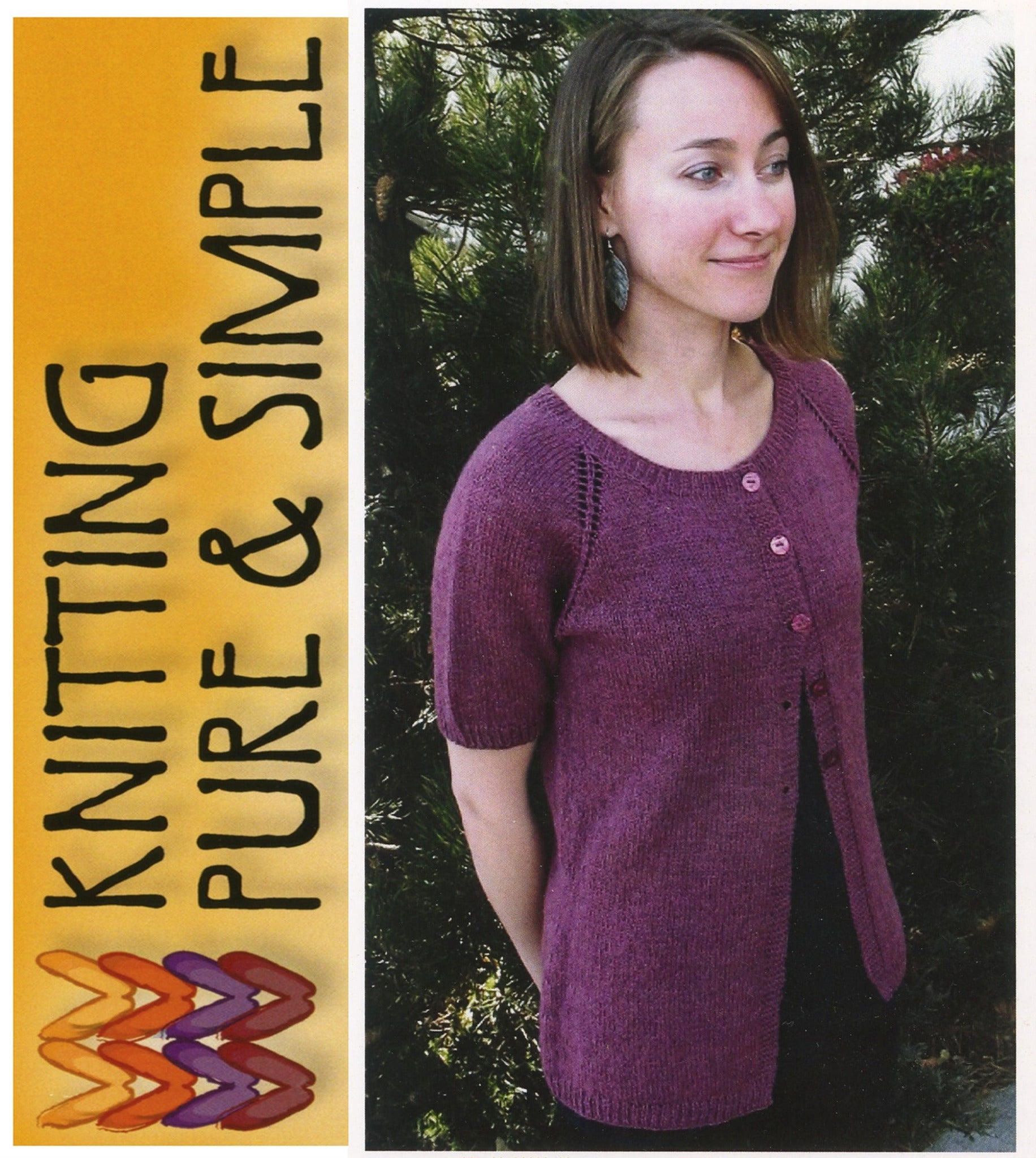 A woman wearing a short-sleeved, buttoned Top Down Lightweight Cardigan in purple stands outdoors in front of greenery. The text to the left of her reads "KNITTING PURE & SIMPLE" with a decorative knitted pattern below—ideal for cool evenings or as a women's lightweight cardigan from Bryson Distributing, Inc.