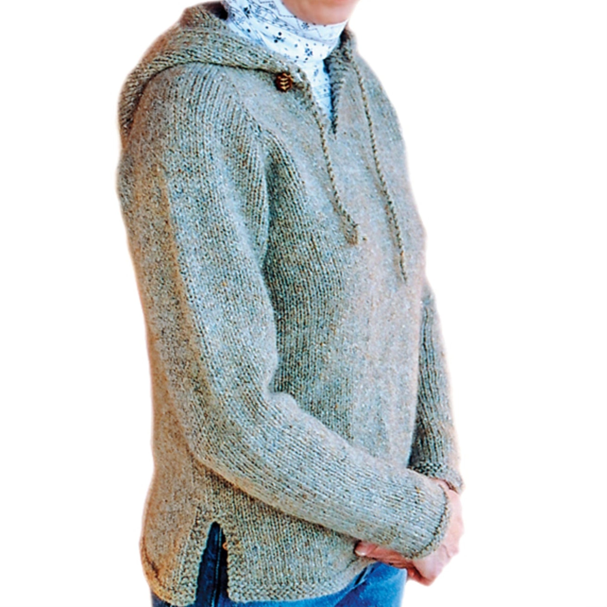 A person stands in the Bryson Distributing, Inc. Very Versatile Neck Down Hooded Pullover, which features a greenish-gray shade and has their hands clasped in front. The pullover boasts a side slit at the hem and a drawstring around the hood for an adjustable fit, complemented by a small decorative button below the neckline. The background is plain white.