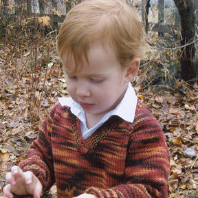 A young child with red hair stands outdoors in a leafy, autumnal setting. They are wearing a Children's V-Neck, Neck Down Pullover from Bryson Distributing, Inc., which features red, brown, and yellow stripes over a white collared shirt. The child appears to be playing with something in their hands.