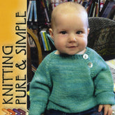 A baby wearing a comfortable Button Front Baby Pullover from Bryson Distributing, Inc., featuring a blue knit with white buttons, sits in a cozy room in front of a bookshelf. To the left of the baby, there is a yellow banner with the text "KNITTING PURE & SIMPLE" written vertically in bold letters, making it perfect for gift giving.