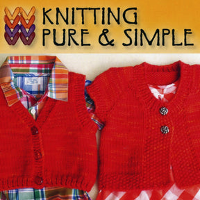 A cover image titled "Baby Vests" by Bryson Distributing, Inc. showcases two knitted pieces in red: a sleeveless vest layered over a plaid shirt on the left and a short-sleeved cardigan with buttons over a patterned dress on the right. Both pieces are easy to put on and not bulky, making them perfect for everyday wear.