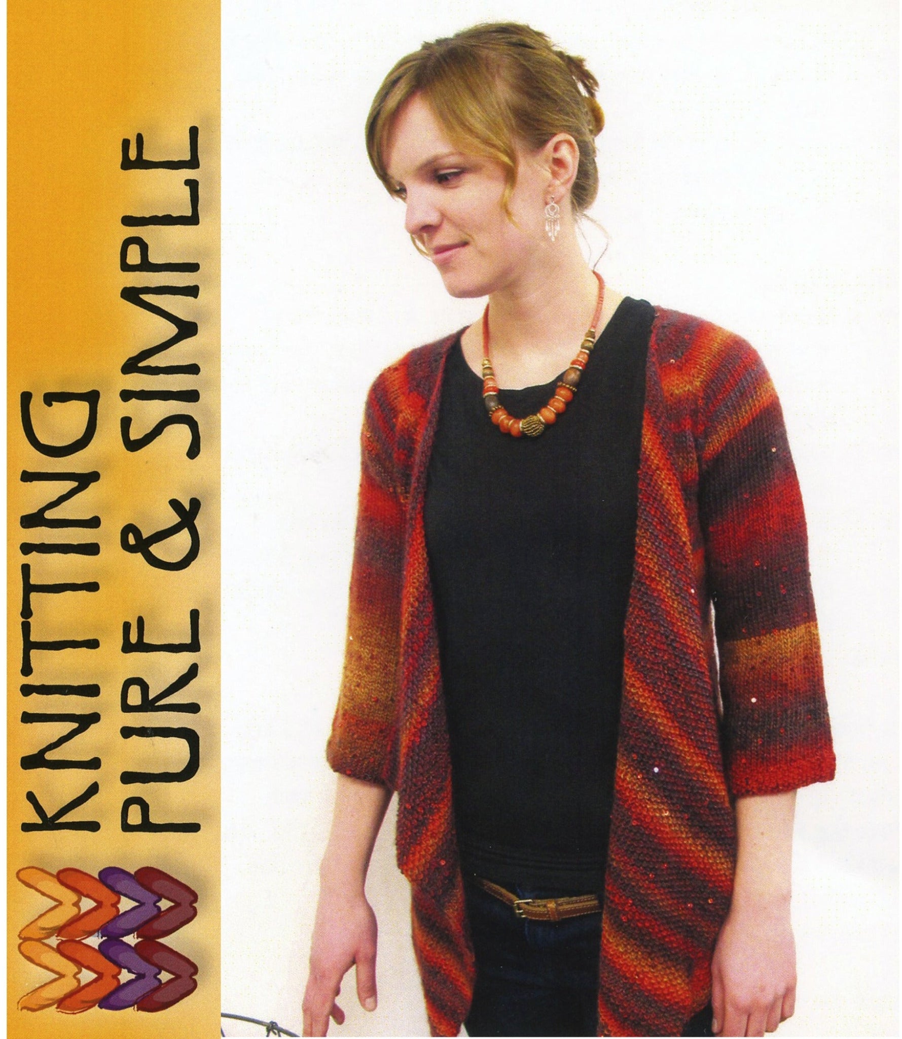 A person wearing the Top Down Drape Front Cardi in a multicolored knit pattern over a black shirt stands with a neutral expression. The comfortable drape of their open-front cardigan from Bryson Distributing, Inc. adds to their relaxed look. They are accessorized with a necklace and earrings. To the left, a vertical banner reads "KNITTING PURE & SIMPLE" with a woven design near the bottom.