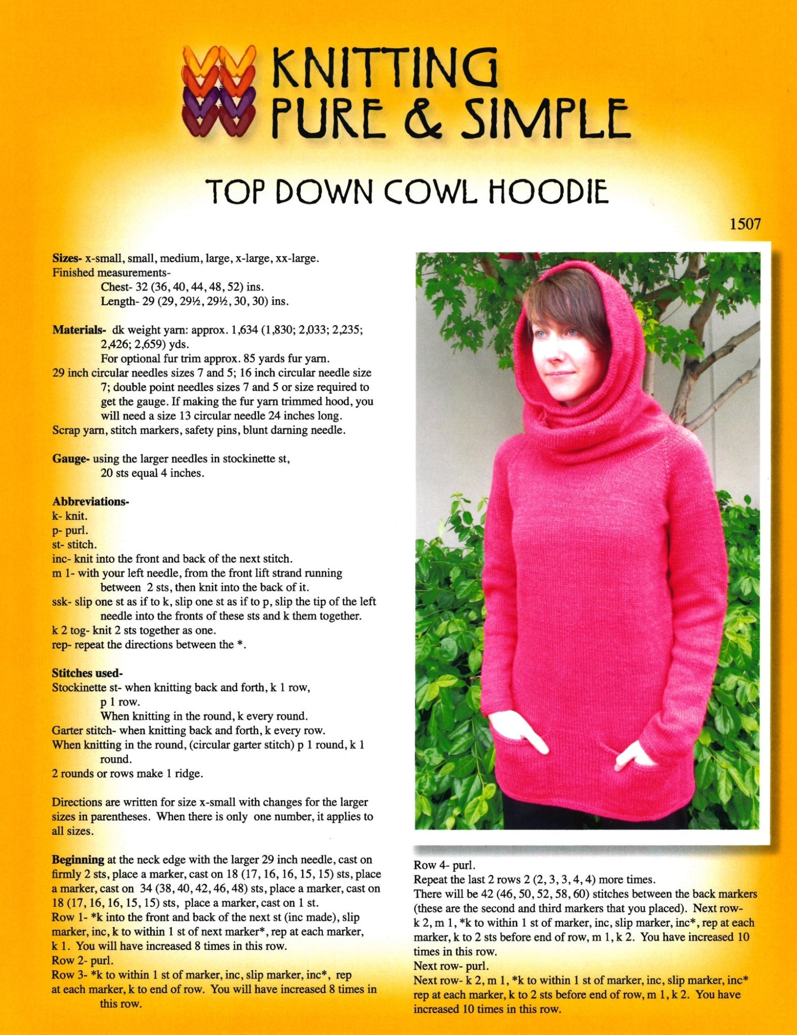 A knitting pattern instructions page for the "Top Down Cowl Hoodie by Knitting" from Bryson Distributing, Inc. It includes details on sizes, materials, DK weight yarn, gauge, abbreviations, instructions for the cowl collar and furry hood trim, and a color photo featuring a woman wearing a bright pink cowl hoodie in front of a green shrub.