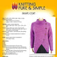 An instructional sheet for the "Drape Coat by Knitting" from Bryson Distributing, Inc. It displays a purple knitted versatile cardigan with large buttons. The text includes sizes, materials, needle sizes, gauge, abbreviations, and instructions. The background is yellow with red and orange accents.