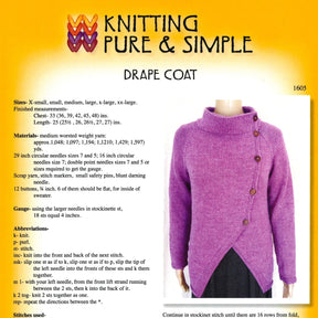 An instructional sheet for the "Drape Coat by Knitting" from Bryson Distributing, Inc. It displays a purple knitted versatile cardigan with large buttons. The text includes sizes, materials, needle sizes, gauge, abbreviations, and instructions. The background is yellow with red and orange accents.