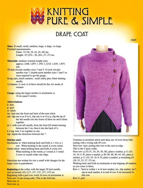 A knitting pattern book page titled "Drape Coat by Knitting" from Bryson Distributing, Inc. The coat is purple, featuring a crossover front and large buttons on the right side. The page includes instructions, materials, sizing, and gauge along with abbreviations and knitting directions.