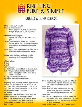 Introducing the "Girl's A-Line Dress by Knitting" from Bryson Distributing, Inc., a delightful knitting pattern perfect for little girls. This pattern comes complete with dimensions, materials needed, and step-by-step instructions. Featured in purple and white DK weight yarn, the dress is elegantly displayed on the right. The yellow background highlights the brand logo at the top.