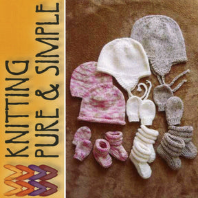 A collection of Bryson Distributing, Inc.'s Baby Hats, Mitts, and Booties in shades of white, gray, and pink is displayed on a brown surface. To the left, text reads "Knitting Pure & Simple" with a woven pattern graphic at the bottom.