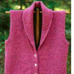 The Village Vest Pattern by Bryson Distributing, Inc. is a sleeveless red cardigan with a shawl collar and white buttons, elegantly displayed on a wooden hanger against a blurred green backdrop, providing both warmth and a tailored appearance.