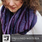 A close-up of a person wearing a stripey slouchy crochet cowl from "Knitting Fever / Euro Yarns." The text on the image reads: "The Crochet Collection Trellised Wisteria Cowl by Aubrey Swanson" and "Herriot Trellised Wisteria Crochet Cowl." Made with Juniper Moon Herriot Alpaca, the person appears to be looking down.