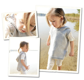 A child with light hair is wearing a handknit "Cameron Hoodie" from Blue Sky Fibers paired with white pants. They are depicted in three photos: a close-up, a side view walking on the beach, and a wider shot standing near water with tall grass in the background.