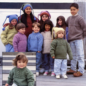 A group of kids poses outside on steps, each wearing Colorful Kids #402 knit sweaters from Halcyon Yarn, some also sporting matching jester-style hats. The inset features a close-up of a toddler smiling in a green bulky gauge sweater and hat from the same collection. The setting appears casual and cheerful.