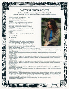 A knitting pattern page from Harrisville Designs titled "Sassy Cardigan Sweater" features an image of a woman wearing a cropped cardigan sweater with tailored shoulders. The page includes size measurements, yarn information, and detailed knitting instructions. A floral border frames the pattern, giving it an uptown look.