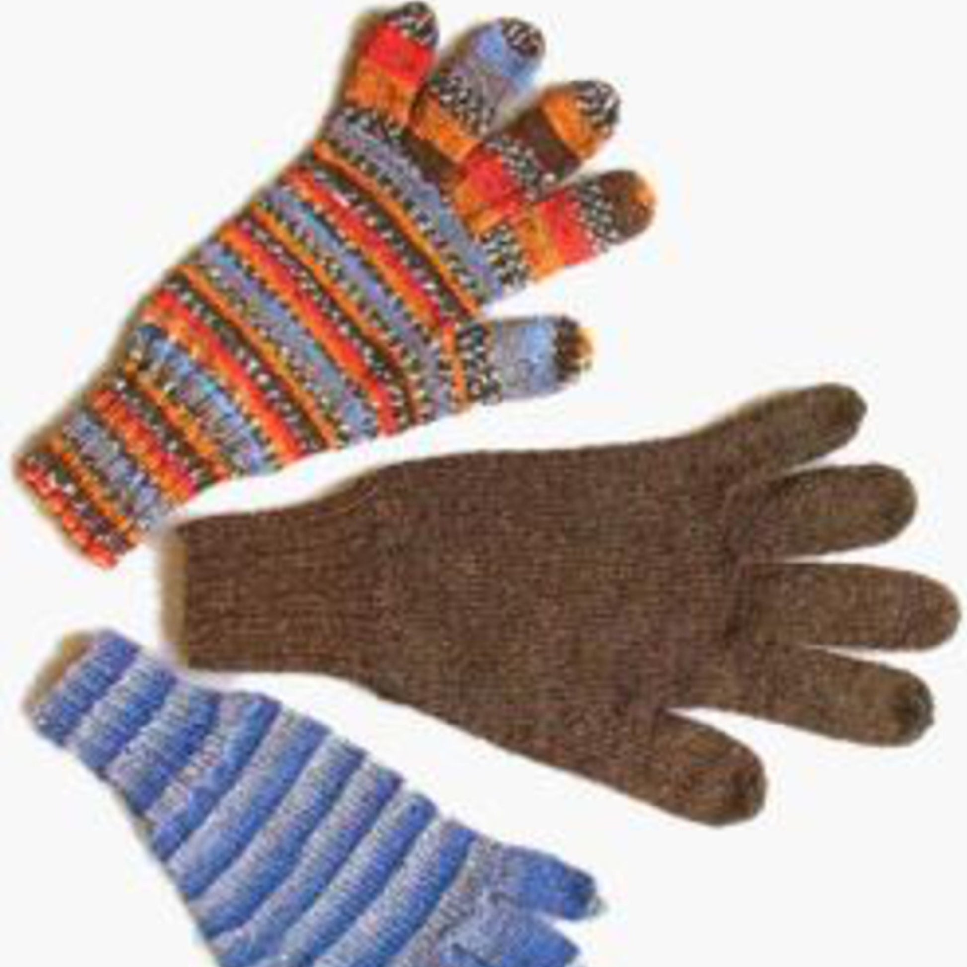 Three knitted gloves on a white background display the variety of Lisa's Knits collection. The top glove, from their A Basic Glove line, is crafted with sock yarn and showcases a vibrant striped pattern in shades of orange, blue, and brown. The middle glove is a solid brown A Basic Glove, while the bottom one features fun blue and white horizontal stripes, also from the A Basic Glove series by Lisa's Knits.