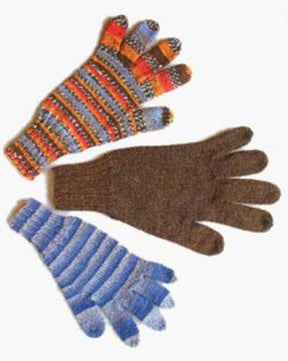 Three "A Basic Glove" by Lisa's Knits are displayed on a plain background. The glove in the upper left, made from sock yarn, has colorful horizontal stripes. The glove in the top right is solid brown, while the glove in the bottom left features blue and gray stripes. All gloves have a five-finger design for added comfort.