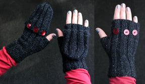 Three images showcase a pair of black, fingerless knit gloves from Lisa's Knits, adorned with three large red buttons on the top. A person with light skin and gray nail polish models these winter accessories, displaying the front, palm, and side views against a dark background. The product is named "Fingerless Gloves and Mitts 5 sts/1".