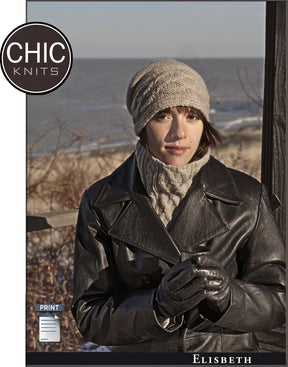 A person stands outdoors near a beach, wearing a knitted cap and scarf, along with a black leather coat and gloves. The background shows a cloudy sky and the ocean. The image features the "Chic Knits" logo in the top left corner and "Elisbeth Collection" text at the bottom.