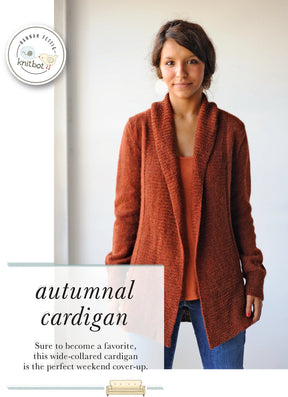 A woman wearing a rust-colored, wide-collared cardigan over an orange shirt stands against a plain background. The text on the image reads "Knitbot Autumnal Cardigan" and describes it as a cozy cover-up, perfect for work or weekend. The Never Not Knitting logo is in the top left corner.