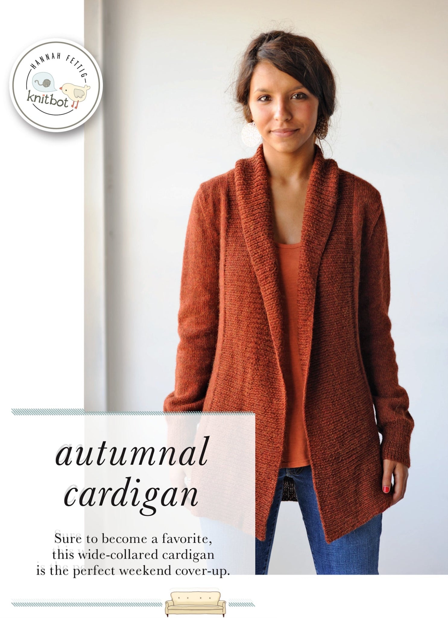 A woman is wearing a cozy, wide-collared Knitbot Autumnal Cardigan by Never Not Knitting in a rich autumnal rust color over a peach top. She stands against a plain white wall. The text reads "Knitbot Autumnal Cardigan" and describes it as the perfect weekend cover-up.