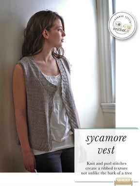 A woman with long hair is looking out of a window, wearing a sleeveless knitted vest over a white top. The text reads "Knitbot Sycamore Vest," highlighting how knit and purl stitches create a ribbed texture reminiscent of tree bark. A "Never Not Knitting" logo is also displayed.