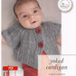 A baby with a light skin tone is lying down, wearing a gray, hand-knit top-down yoke cardigan from Never Not Knitting. The cardigan features two large red buttons. The baby is looking up with a slight smile. Text on the image reads "Knitbot Yoked Cardigan” and "A quick top-down ribbed cardigan in a wide range of sizes." An Adobe PDF icon is present at the bottom left indicating the download option.