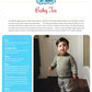 A printed pattern page for the Tot Toppers Baby Tee, designed by Kate Oates and produced by Never Not Knitting. At the top are cartoon children icons, with the title "Tot Toppers Baby Tee" beneath them. The page features a photo of a baby in a striped knit sweater, along with instructions for creating this seamless project using fingering weight yarn and a list of necessary materials.