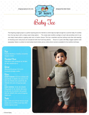 A printed pattern page for the Tot Toppers Baby Tee, designed by Kate Oates and produced by Never Not Knitting. At the top are cartoon children icons, with the title "Tot Toppers Baby Tee" beneath them. The page features a photo of a baby in a striped knit sweater, along with instructions for creating this seamless project using fingering weight yarn and a list of necessary materials.