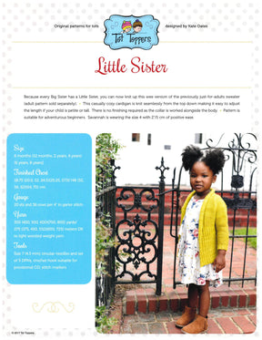 A young child with curly hair stands outside next to a wrought iron gate, wearing a floral dress and a mustard yellow cardigan. The text on the image discusses the "Tot Toppers Little Sister" knitting pattern by Never Not Knitting, describing its top-down construction and use of DK weight yarn.