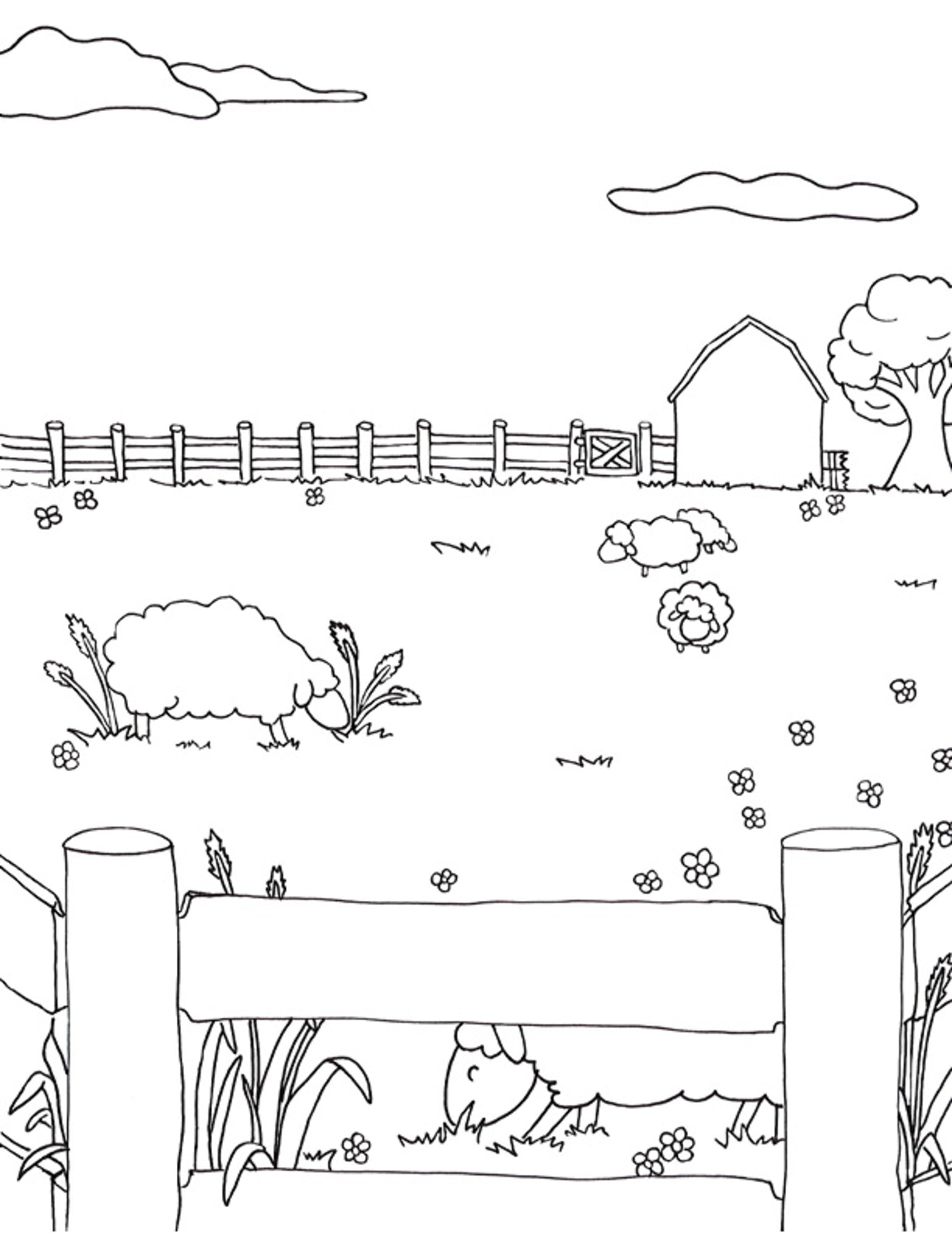 A black-and-white line drawing from the Halcyon Yarn Coloring Book by Halcyon Yarn features a rural scene with sheep grazing in a field enclosed by a wooden fence. A barn and tree stand in the background, while flowers and plants dot the landscape. A few clouds float in the sky, capturing the essence of hand-drawn illustrations.