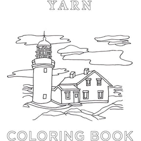 Black and white hand-drawn illustrations of a lighthouse and a house on rocky ground with clouds in the background. The illustration is captioned with "YARN" at the top and "COLORING BOOK" at the bottom, inviting you into the magical world of fiber in the Halcyon Yarn Coloring Book by Halcyon Yarn.