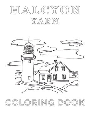 A line drawing of a lighthouse and an adjacent building on a rocky shoreline. The text above the image reads "HALCYON YARN" and below the image reads "HALCYON YARN COLORING BOOK!" Dive into the magical world of fiber with hand-drawn illustrations that ignite your creativity, brought to you by Halcyon Yarn.