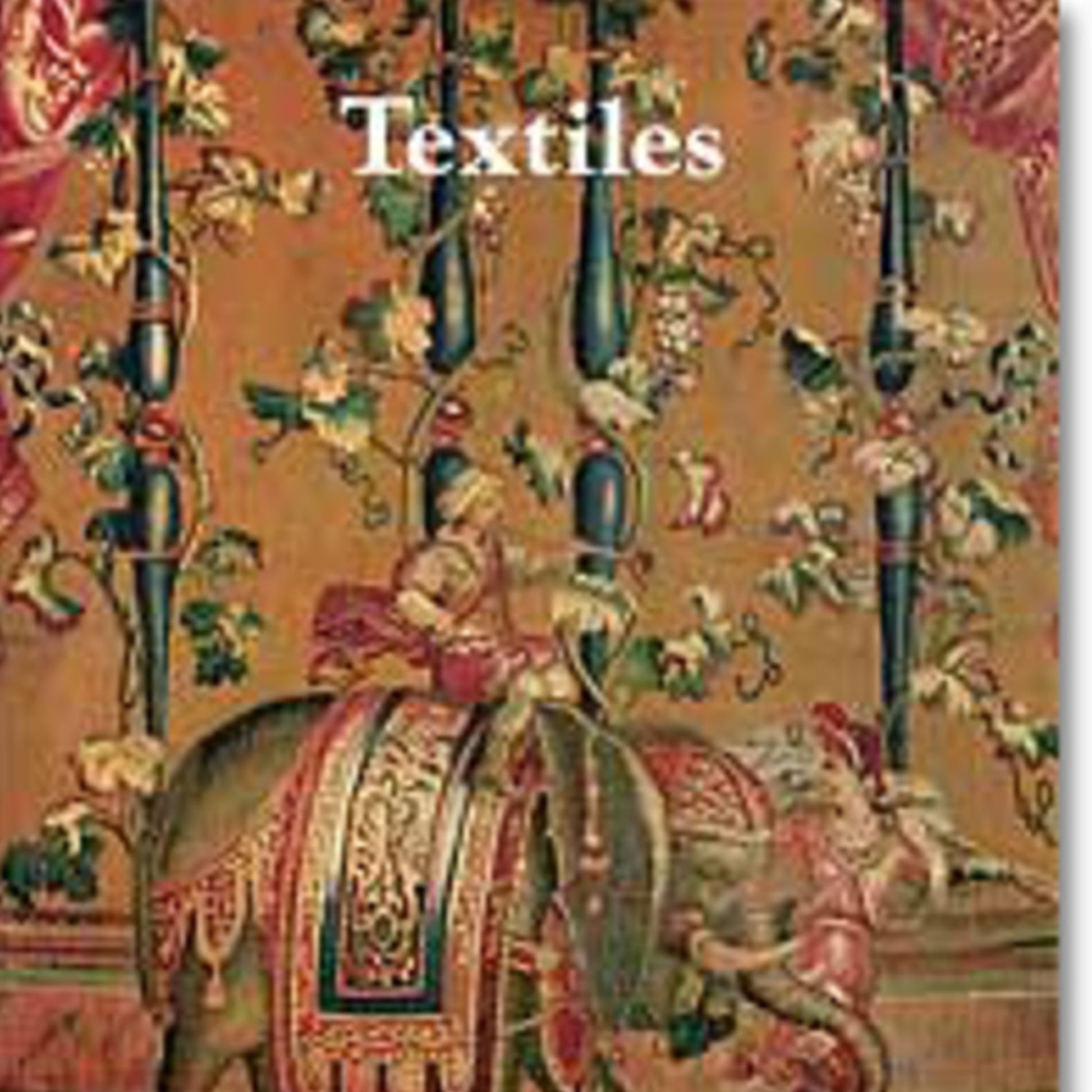 The product "Textiles in the Art Institute of Chicago" by Lacis features an intricate tapestry depicting a rider on an ornate, elaborately decorated elephant surrounded by lush, intertwining vines and floral patterns. The word "Textiles" is prominently displayed at the top, reminiscent of exhibits at the Art Institute of Chicago showcasing textile arts.