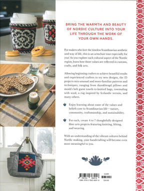 Back cover of "Nordic Hands," a crafting book by Schiffer Publishing Co., featuring coffee cups with knitted cozies and breakfast items on a table. The text highlights the book's content and benefits of Nordic-inspired crafts, celebrating Scandinavian life. A knitted bag with a red and black pattern is displayed at the bottom left.