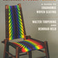 A woven chair featuring vibrant, multicolored patterns is displayed against a gray backdrop. The text above reads: "Benches, Stools, and Chairs: A Guide to Ergonomic Woven Seating" by Walter Turpening and Deborah Held, brought to you by Ingram Content.