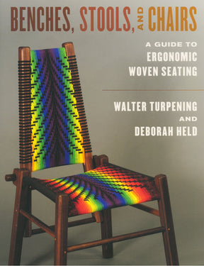 A woven chair featuring vibrant, multicolored patterns is displayed against a gray backdrop. The text above reads: "Benches, Stools, and Chairs: A Guide to Ergonomic Woven Seating" by Walter Turpening and Deborah Held, brought to you by Ingram Content.