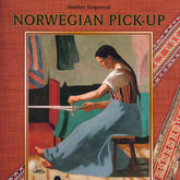 Cover of the book "Norwegian Pick-Up Bandweaving" by Heather Torgenrud, published by Schiffer Publishing Co., featuring a painting of a woman dressed in traditional Norwegian attire, weaving on a loom with traditional band heddles. The background includes textile patterns and several woven items, with a warm and rustic color scheme.