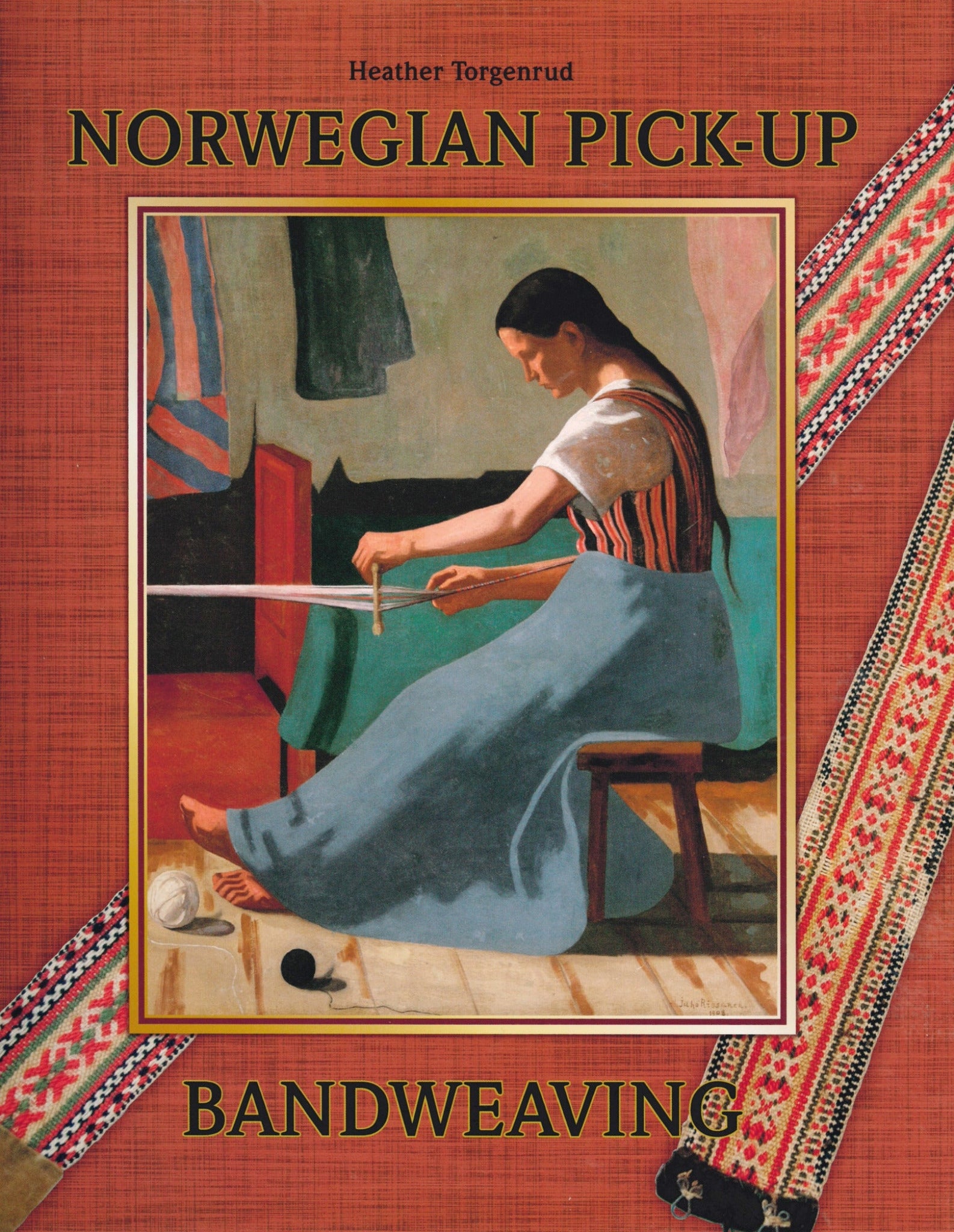 The cover of the book "Norwegian Pick-Up Bandweaving" by Heather Torgenrud, published by Schiffer Publishing Co., showcases a painting of a woman dressed in traditional Scandinavian attire weaving on a loom with traditional band heddles. The title is prominently displayed in bold red letters, and the bottom edge is adorned with decorative woven bands, paying homage to textile arts.