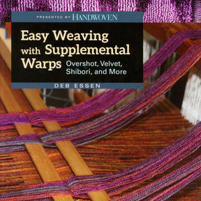 A book cover featuring the title "Easy Weaving with Supplemental Warp: Overshot, Velvet, Shibori, and More" by Deb Essen. The background shows colorful woven threads on a loom with a wooden structure visible. The book is presented by Schiffer Publishing Co.