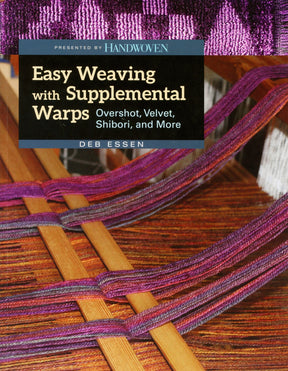 The cover of Schiffer Publishing Co.'s "Easy Weaving with Supplemental Warp" by Deb Essen showcases an intricate close-up of a weaving loom adorned with vibrant purple and brown threads. The title and author's name stand out prominently in bold text against a teal background.