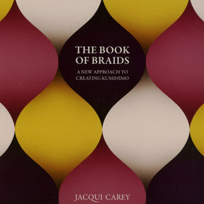 Image of a book cover titled "The Book of Braids" by Lacis. The background features an abstract geometric pattern with overlapping shapes in shades of maroon, yellow, black, and beige, perfectly reflecting the intricate art of braid making.