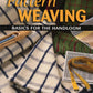 A book cover titled "Pattern Weaving - Basics for the Handloom" by National Book Network features woven textiles in various patterns and colors, along with a shuttle, heddles, a ruler, and a measuring tape. Pale yellow and bold white text are used with imagery of weaving materials.