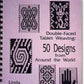 The book cover for "Double-Faced Tablet Weaving: 50 Designs from Around the World" by Linda Hendrickson features intricate black and white weaving patterns set against a pink background. The cover highlights five geometric and abstract designs inspired by ethnic motifs.