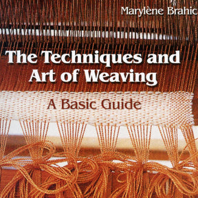 Book cover titled "The Techniques and Art of Weaving" published by Schiffer Publishing Co. The background features a weaving loom with thread and fabric in progress, highlighting various weaving techniques.