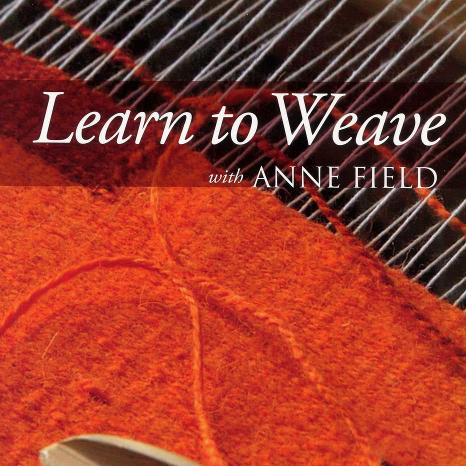 A weaving loom in progress with orange fabric and threads. Overlaying text reads "Learn to Weave with Anne Field" by Ingram Content. The background showcases intersecting threads forming a pattern on the loom, perfect for those interested in weaving projects.